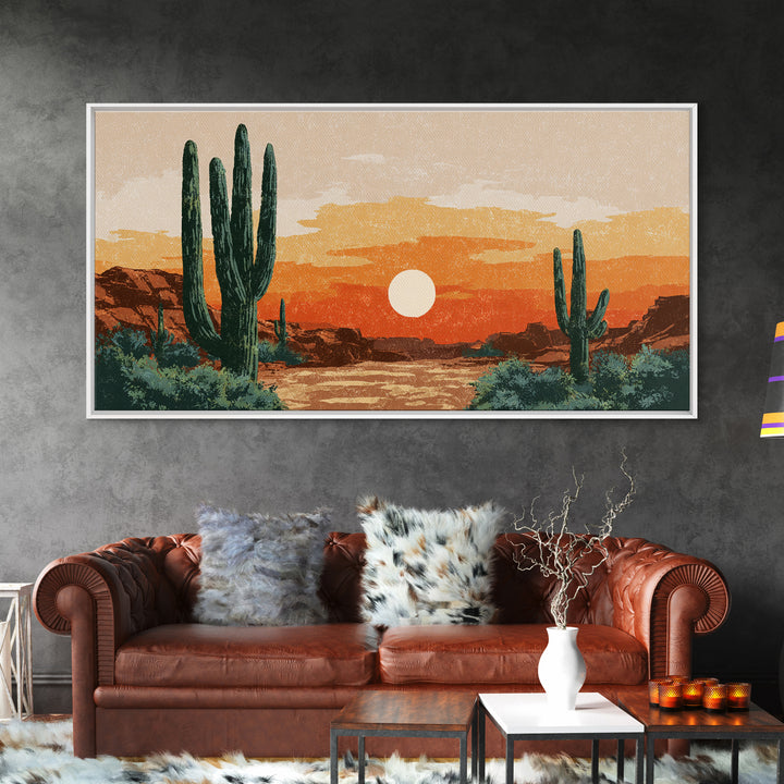 Saguaro Desert Sunset Canvas Print, Midcentury Wall Art, Retro Southwestern Decor, Orange Cactus Landscape Poster Gift For Home