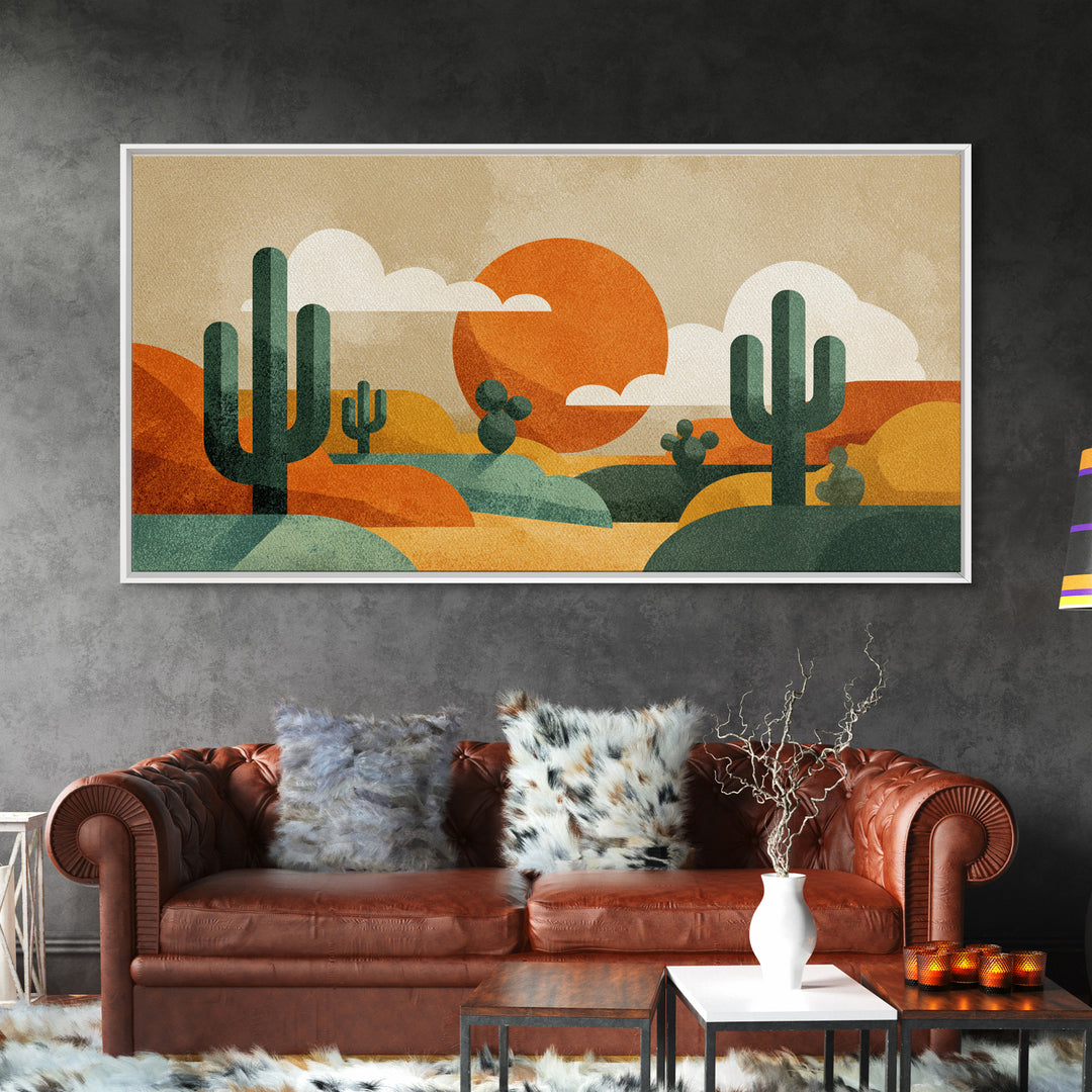 Abstract Cactus Desert Sun Wall Art, Midcentury Modern Print, Retro Orange Southwestern Decor, Geometric Landscape Poster