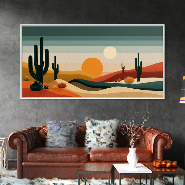Modern Cactus Dunes Canvas Print, Midcentury Desert Wall Art, Southwestern Landscape Poster, Orange Sun Home Office Decor