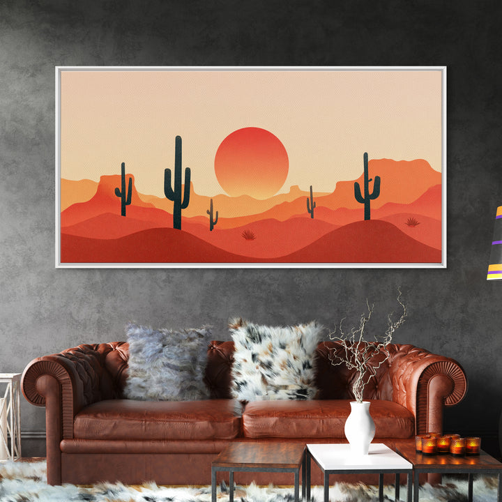Red Desert Mesas And Cactus Wall Art, Midcentury Modern Sunset Print, Southwestern Landscape Poster, Warm Orange Decor Gift