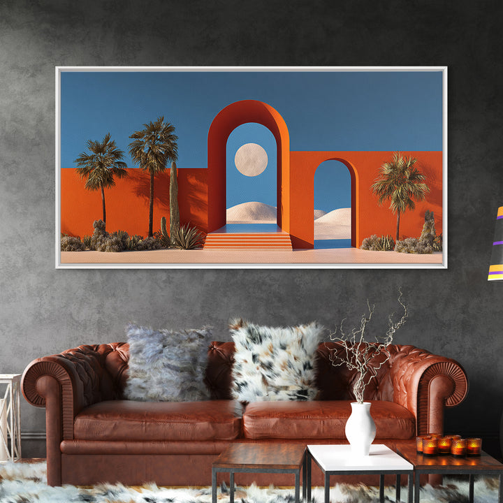 Orange Desert Portal With Moon Palms And White Dunes Wall Art, Midcentury Modern Southwest Decor, Palm Springs Landscape Print