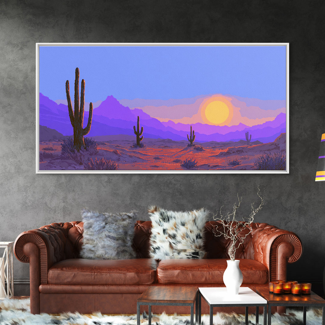 Purple Desert Mountains Canvas Print, Retro Cactus Sunset Wall Art, Midcentury Modern Landscape Poster, Colorful Home Decor