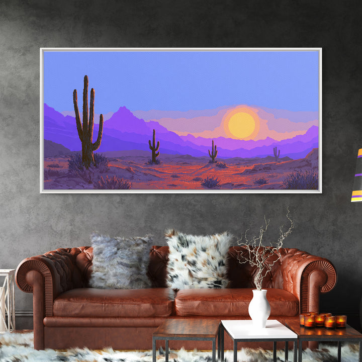 Purple Desert Mountains Canvas Print, Retro Cactus Sunset Wall Art, Midcentury Modern Landscape Poster, Colorful Home Decor