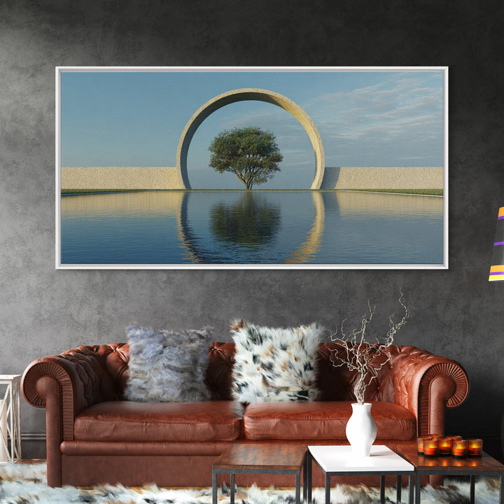 Circular Arch Tree Reflection Wall Art, Modern Landscape Print, Serene Water Decor, Minimalist Nature Art For Living Room