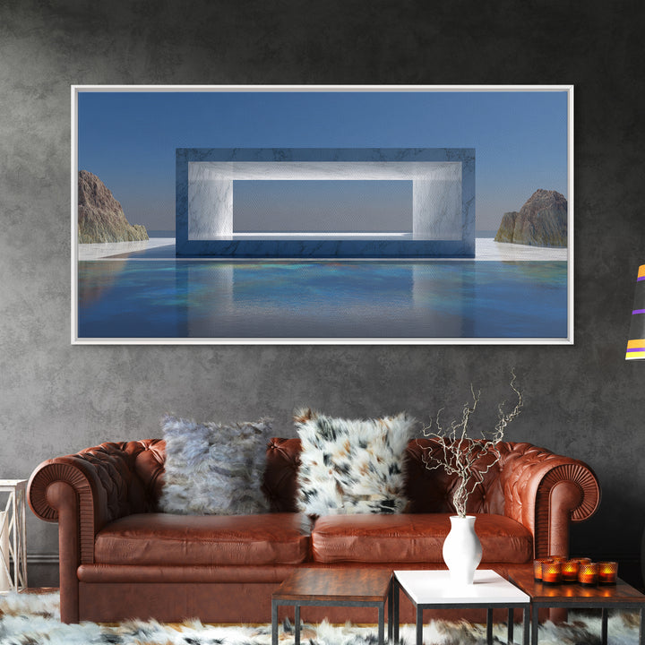Marble Ocean Window Framed Canvas Print, Modern Architectural Wall Decor, Minimalist Coastal Art For Office And Living Room