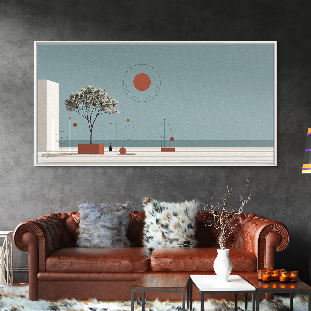 Minimal Tree With Orange Sun Canvas Print, Midcentury Modern Wall Decor, Geometric Abstract Art For Serene Calm Living Room