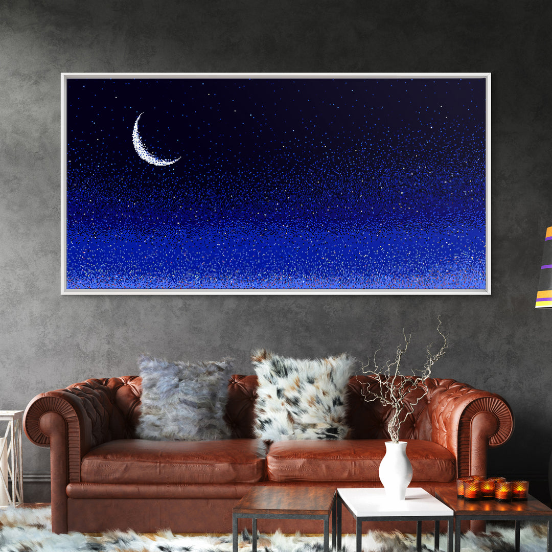 Blue Crescent Moon Star Field Wall Art, Cosmic Night Sky Print, Retro Pixel Space Decor For Bedroom, Dorm Room, Or Nursery