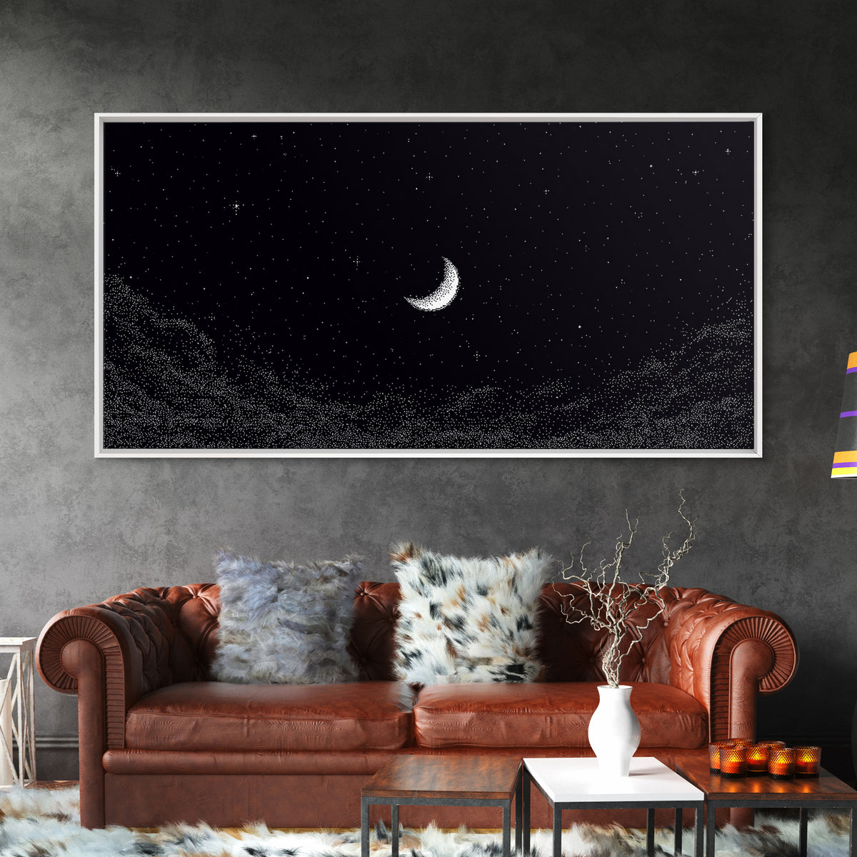 Black And White Crescent Moon Wall Art, Minimal Starry Night Sky Print, Celestial Space Decor For Bedroom Or Meditation Room