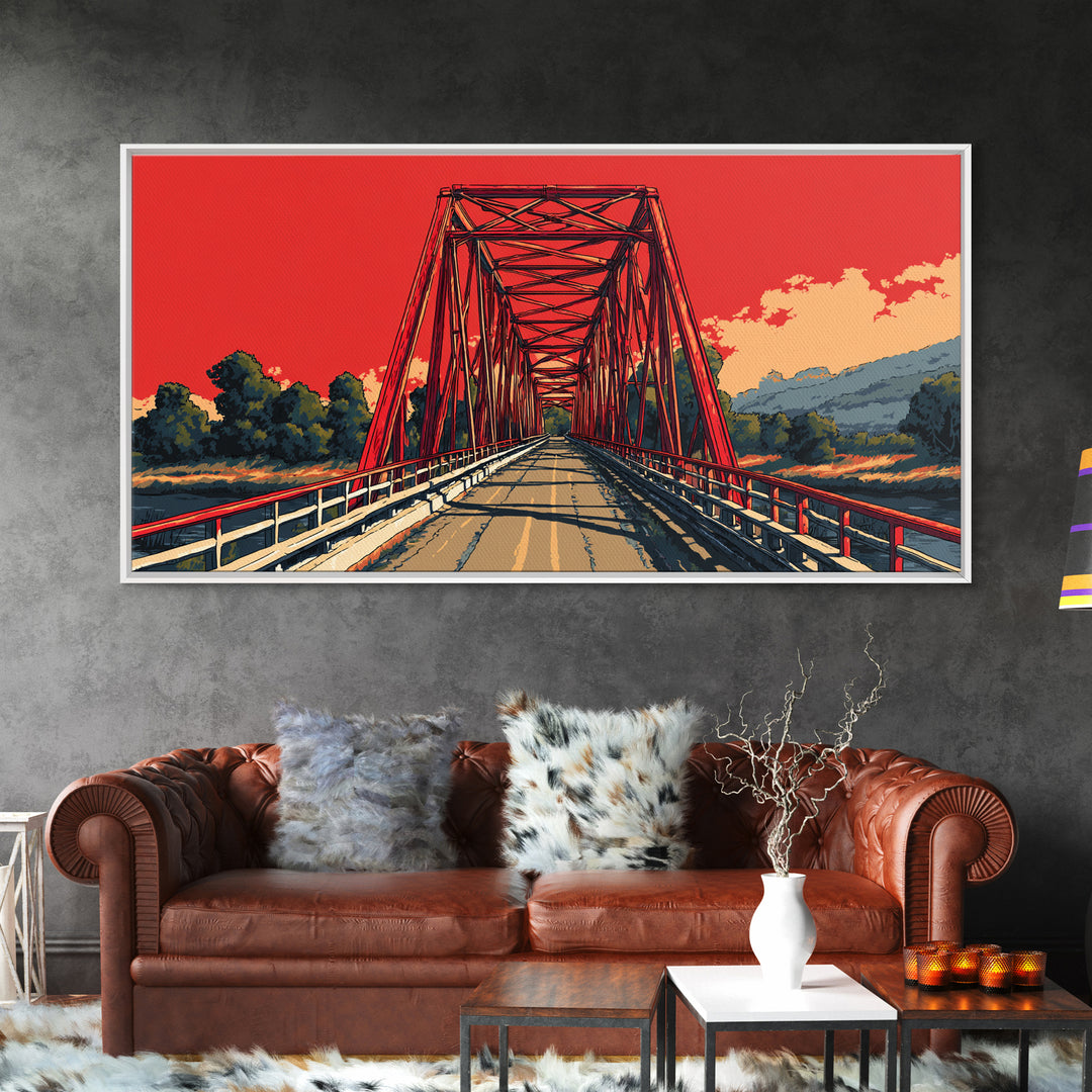 Red Steel Bridge At Sunset Wall Art, Retro Travel Poster Print, Bold Landscape Decor, Scenic Road Art For Office Or Man Cave