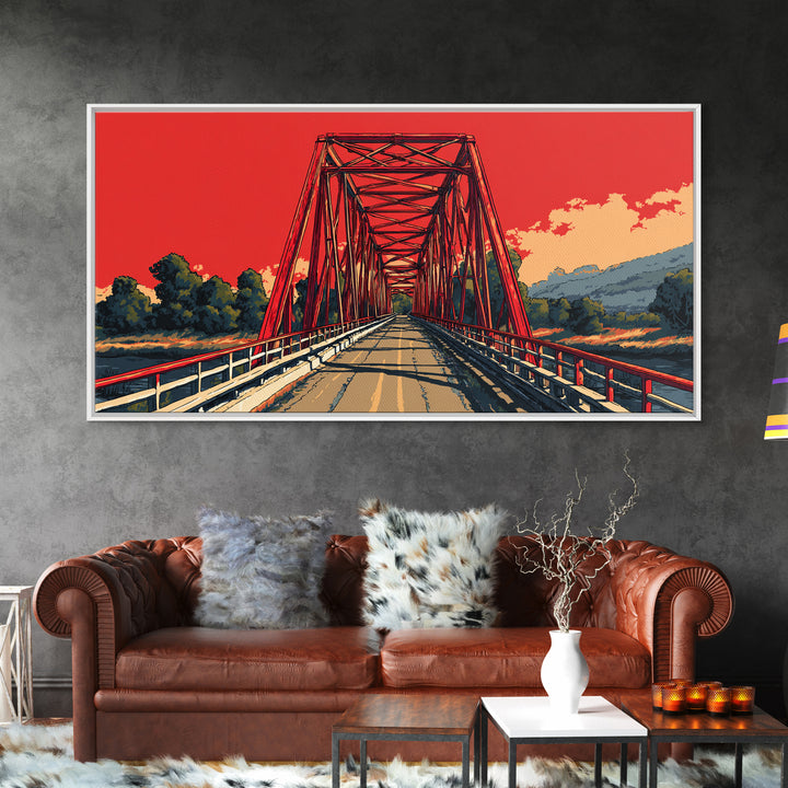 Red Steel Bridge At Sunset Wall Art, Retro Travel Poster Print, Bold Landscape Decor, Scenic Road Art For Office Or Man Cave