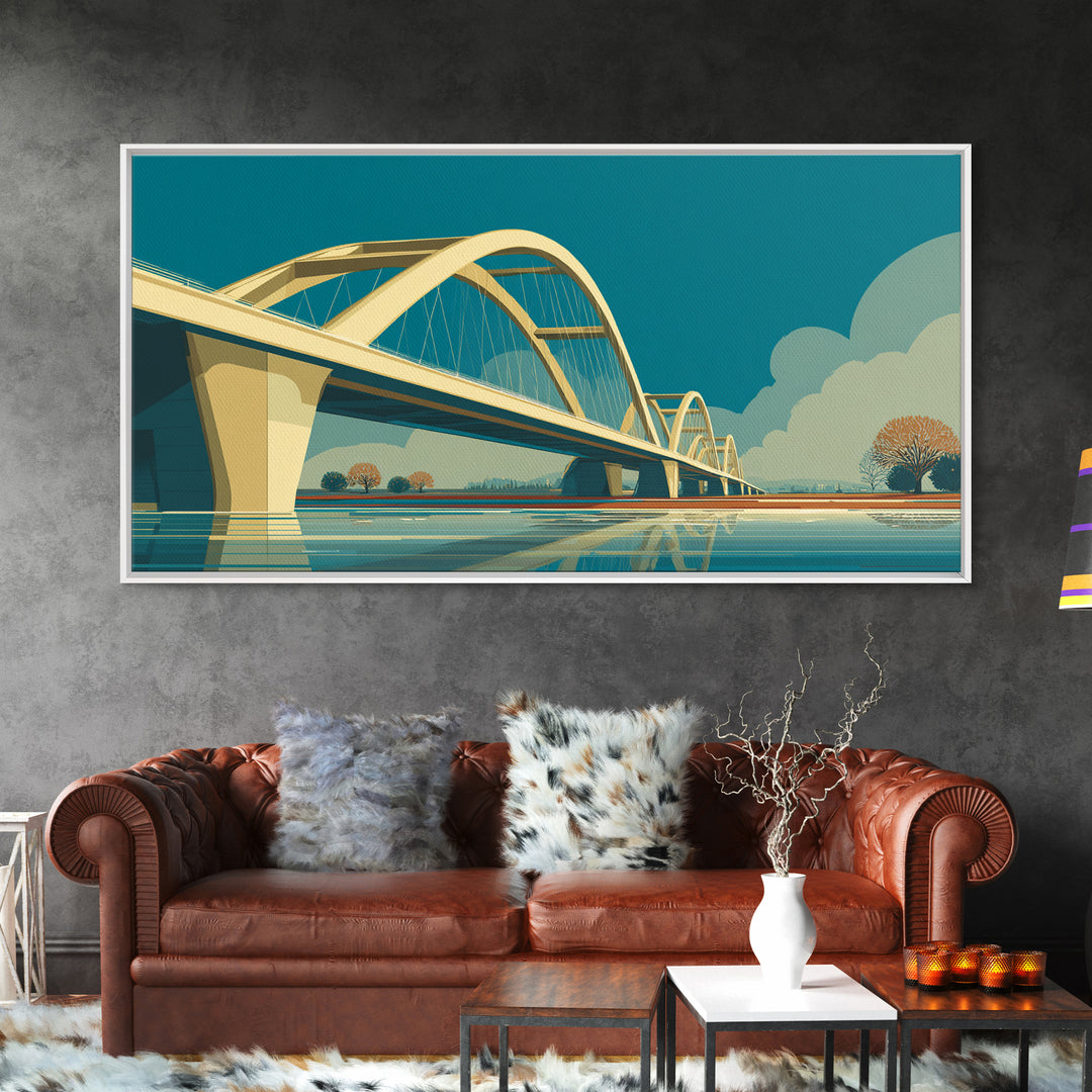 Modern Arched Bridge Reflection Canvas Print, Midcentury Landscape Wall Art, Architectural Calm Water Decor For Living Room