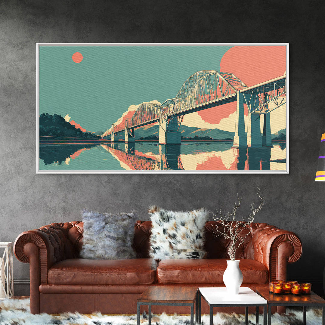 Retro Steel Bridge Sunset Wall Art, Midcentury Modern Landscape Print, Teal Orange Travel Poster, Living Room Home Office Decor