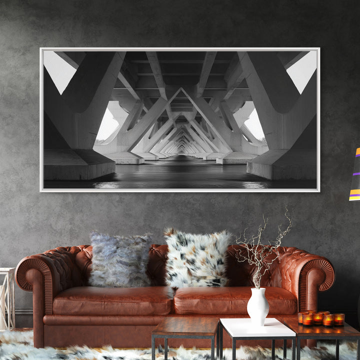 Black And White Bridge Underside Canvas Print, Architectural Art, Geometric Perspective, Modern Wall Decor For Office Study