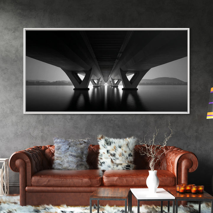 Moody Bridge Underpass Wall Art, Black And White Architectural Photography Print, Geometric Lines, Masculine Office Decor