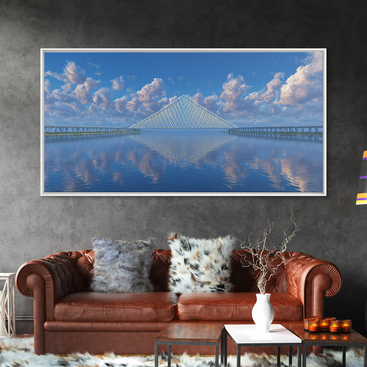 Blue Cable Bridge Reflection Wall Art, Serene Modern Landscape Print, Coastal Water Travel Poster, Living Room Office Decor
