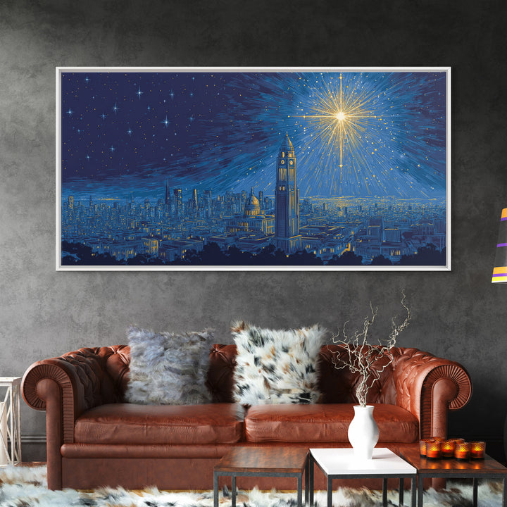 Blue City Skyline Starburst Canvas Print, Midcentury Modern Night Art, Celestial Urban Poster, Home Office Wall Decor Gift