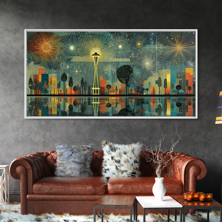 Seattle Space Needle Fireworks Wall Art, Midcentury Modern Cityscape Print, Retro Skyline Poster, Living Room Office Decor