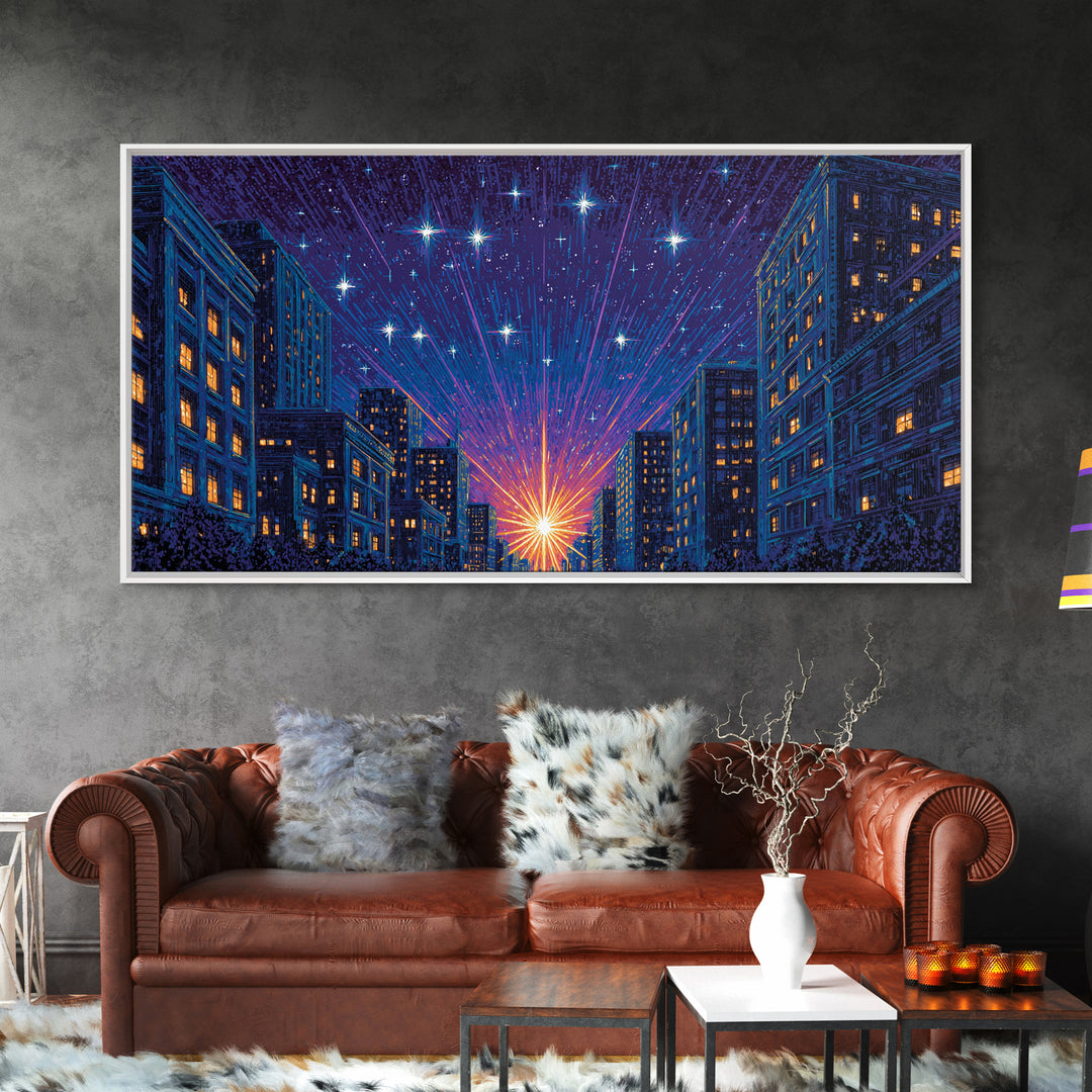 Urban Starburst City Street Wall Art, Modern Night Skyline Print, Blue Orange Retro Poster, Apartment And Office Decor Gift