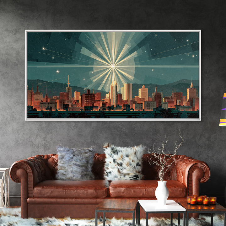 Art Deco City Skyline Wall Art, Geometric Sunburst Night Print, Midcentury Modern Poster, Teal Neutral Living Room Office Decor