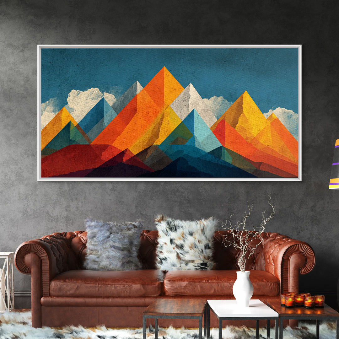 Orange Blue Geometric Mountain Wall Art, Abstract Desert Landscape Print, Midcentury Modern Poster, Bold Home Office Decor