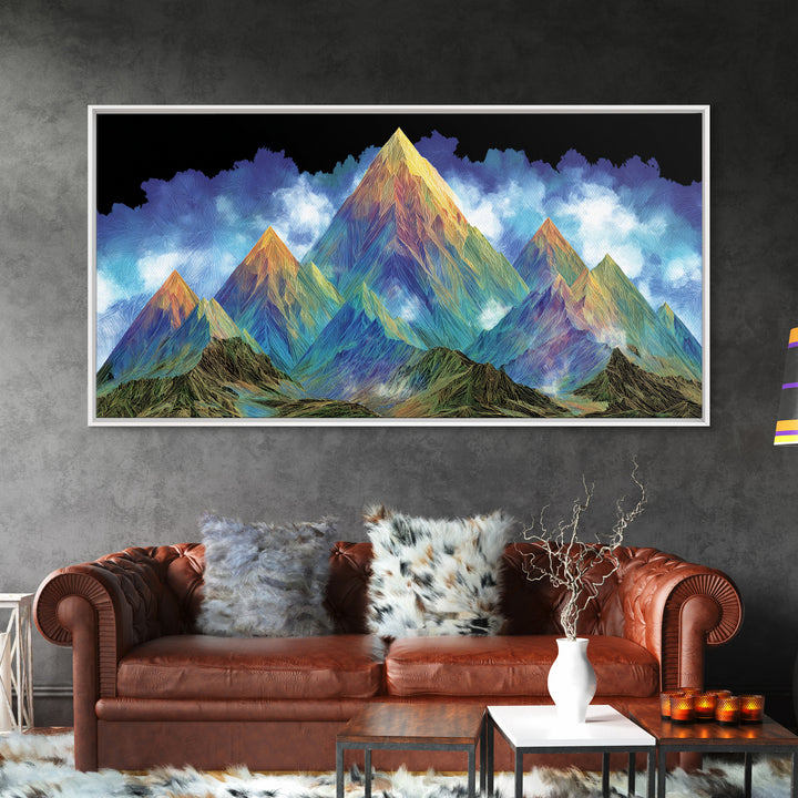 Vibrant Rainbow Mountain Wall Art, Colorful Abstract Landscape Print, Modern Psychedelic Poster, Large MCM Living Room Decor