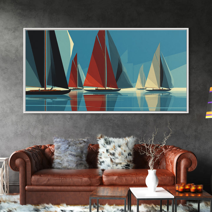 Abstract Sailboat Regatta Canvas Print, Midcentury Modern Nautical Wall Art, Blue Red Coastal Poster, Beach House Home Decor