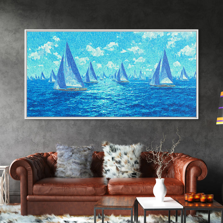 Bright Blue Sailboats Wall Art, Ocean Regatta Canvas Print, Coastal Modern Nautical Poster, Beach House Living Room Decor