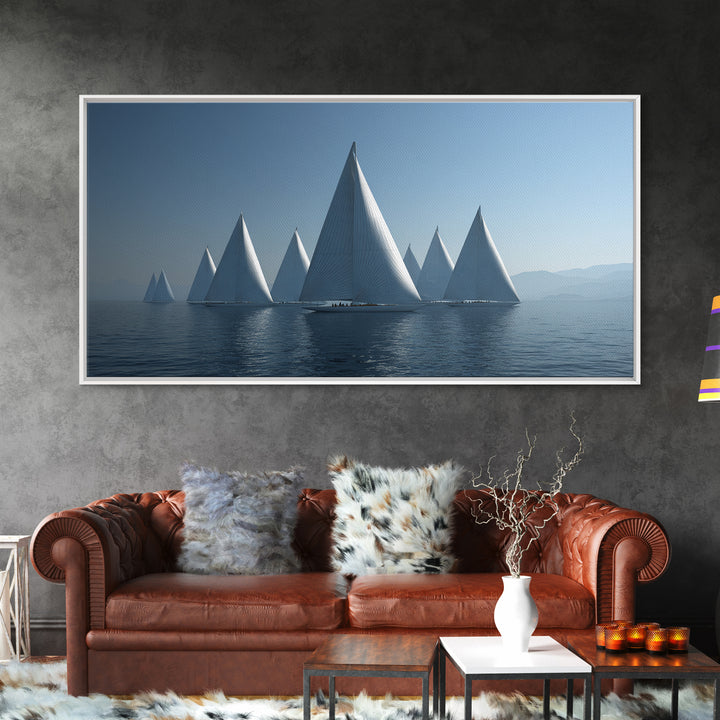 Minimalist White Sailboats Framed Canvas Print, Misty Lake Wall Art, Scandinavian Modern Nautical Decor, Calm Blue Seascape