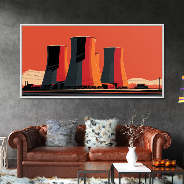 Orange Industrial Cooling Towers Wall Art, Retro Modern Power Plant Poster, Bold MCM Architecture Print, Office Wall Decor