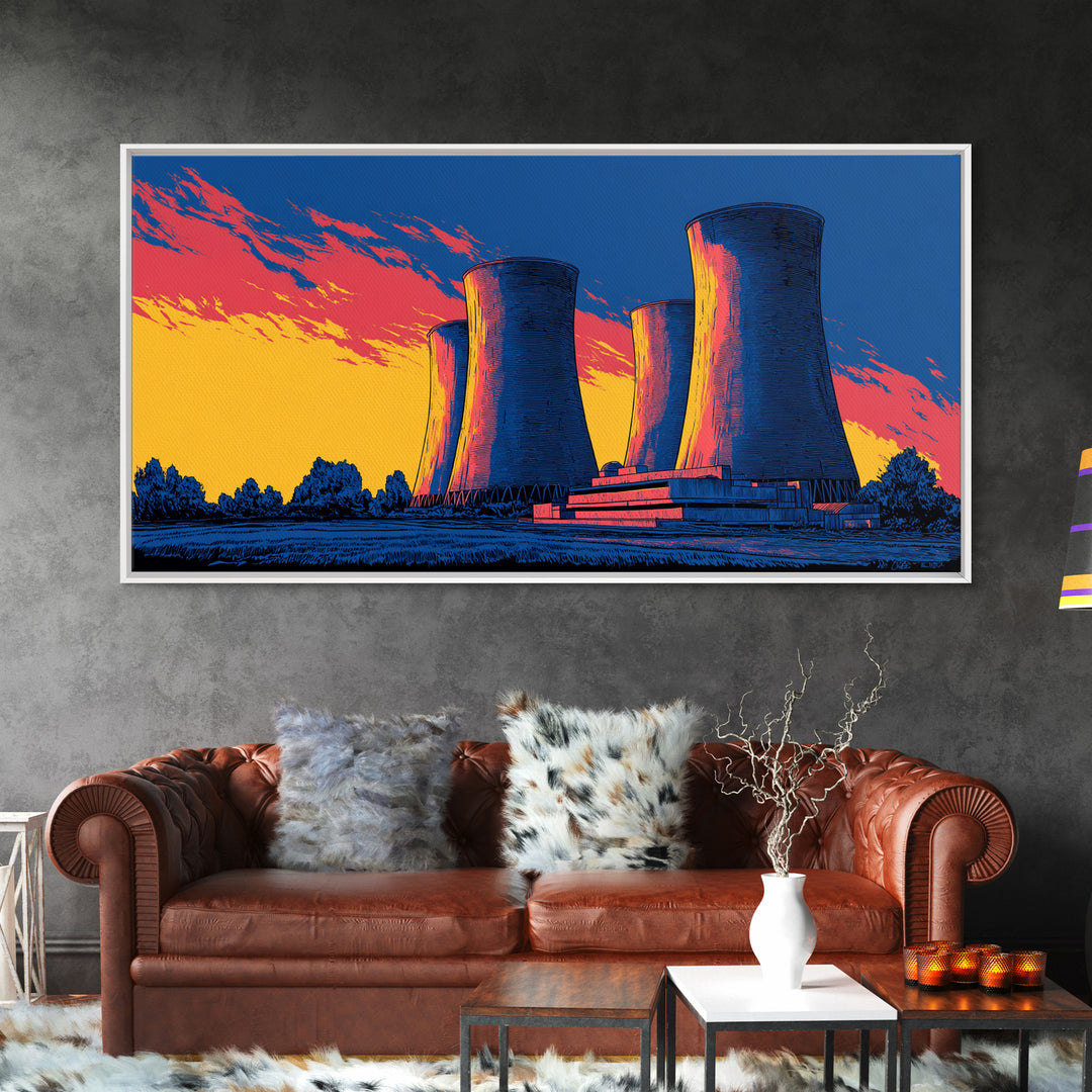 Pop Art Cooling Towers Canvas Print, Neon Sunset Industrial Landscape, Retro Modern Wall Art, Bold MCM Man Cave Office Decor