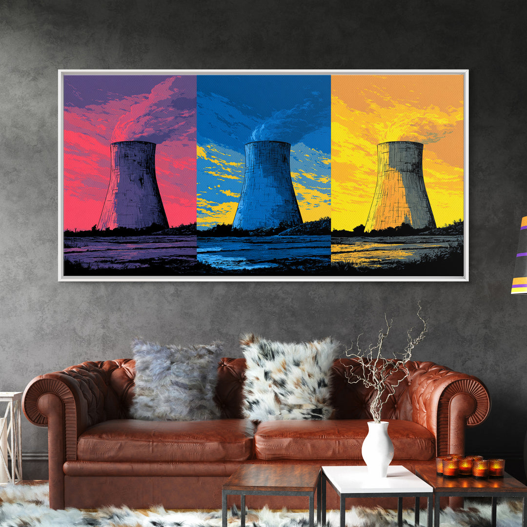 Triptych Cooling Tower Wall Art, Three Panel Pop Art Industrial Poster, Colorful Retro Canvas Print, Bold Modern Office Decor