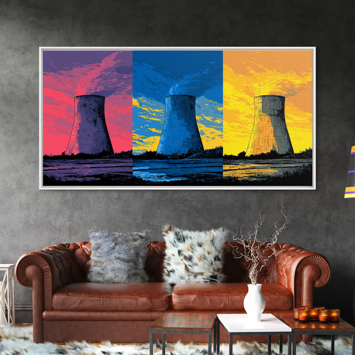 Triptych Cooling Tower Wall Art, Three Panel Pop Art Industrial Poster, Colorful Retro Canvas Print, Bold Modern Office Decor