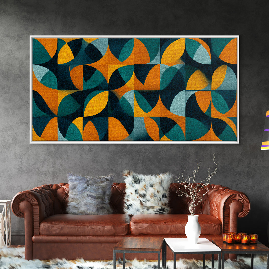 Teal And Ochre Petal Geometry With Circles Framed Canvas Print, Midcentury Modern Wall Art, Atomic Retro Pattern Decor Poster