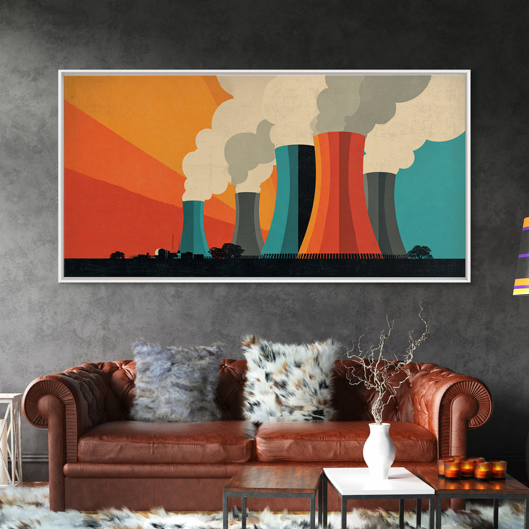 Retro Smokestack Power Plant Canvas Print, Midcentury Modern Industrial Wall Art, Orange Teal Factory Poster, Bold Decor