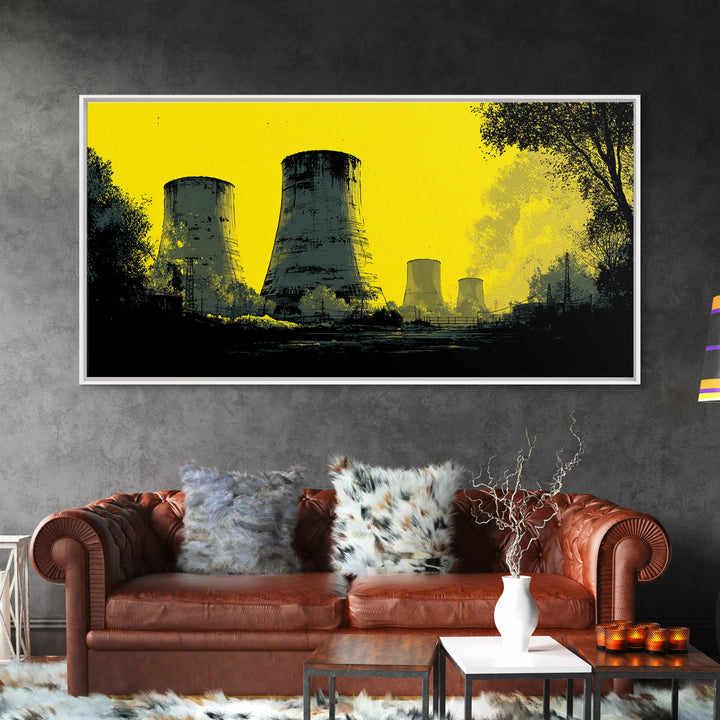 Yellow Nuclear Cooling Towers Wall Art, Industrial Landscape Print, Retro Sci Fi Poster, Modern Wall Decor, Statement Artwork