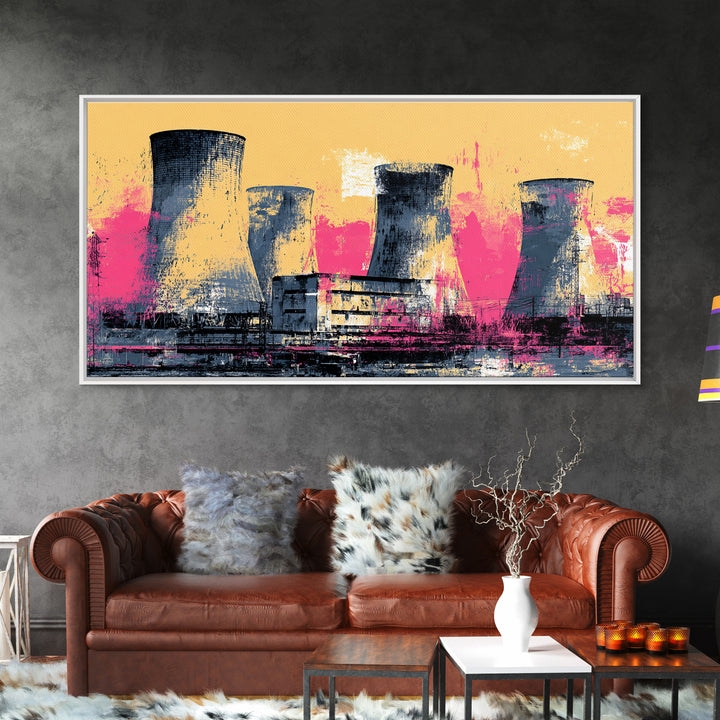 Pink Nuclear Power Plant Canvas Print, Industrial Landscape Wall Decor, Retro Modern Art Print, Bold Statement Artwork For Home Decor