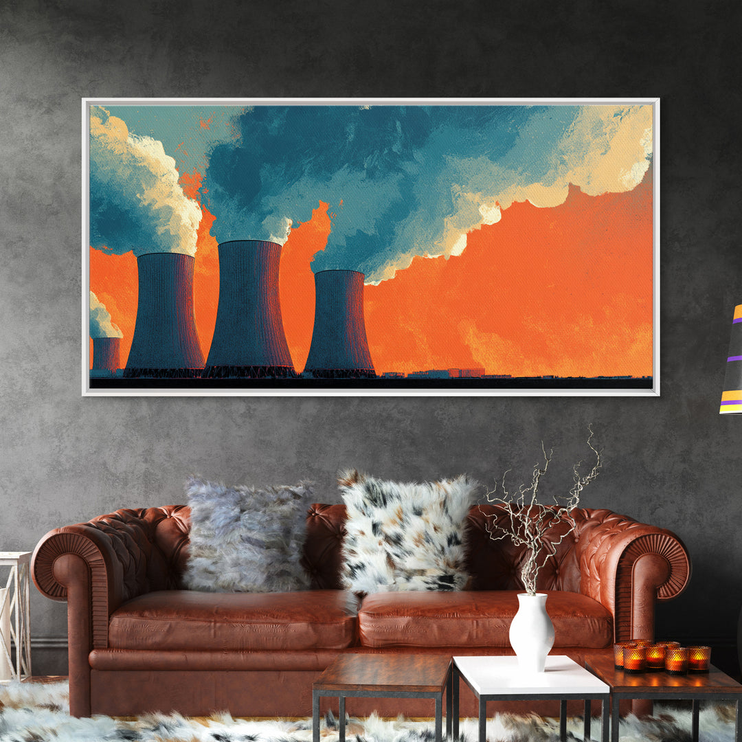 Orange Nuclear Cooling Towers Framed Canvas Print, Industrial Skyline Wall Art, Retro Modern Decor, Bold Landscape Poster