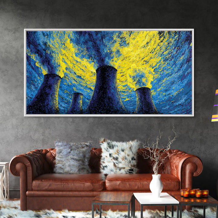 Blue Yellow Cooling Towers Canvas Print, Industrial Night Sky Wall Art, Modern Abstract Decor, Retro Sci Fi Poster Print
