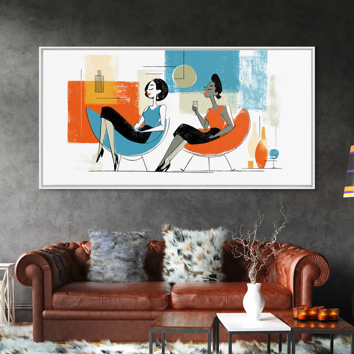 Midcentury Women Lounge Wall Art, Cocktail Chair Illustration, Retro Modern Decor, Colorful MCM Living Room Poster Art Print