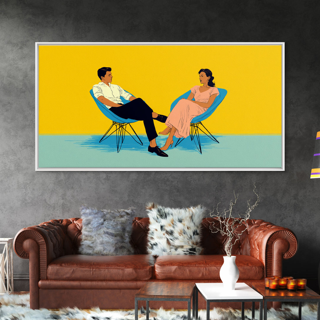 Midcentury Couple In Blue Chairs Canvas Print, Retro Modern Wall Art, MCM Lounge Decor, Colorful Living Room Poster Art Print