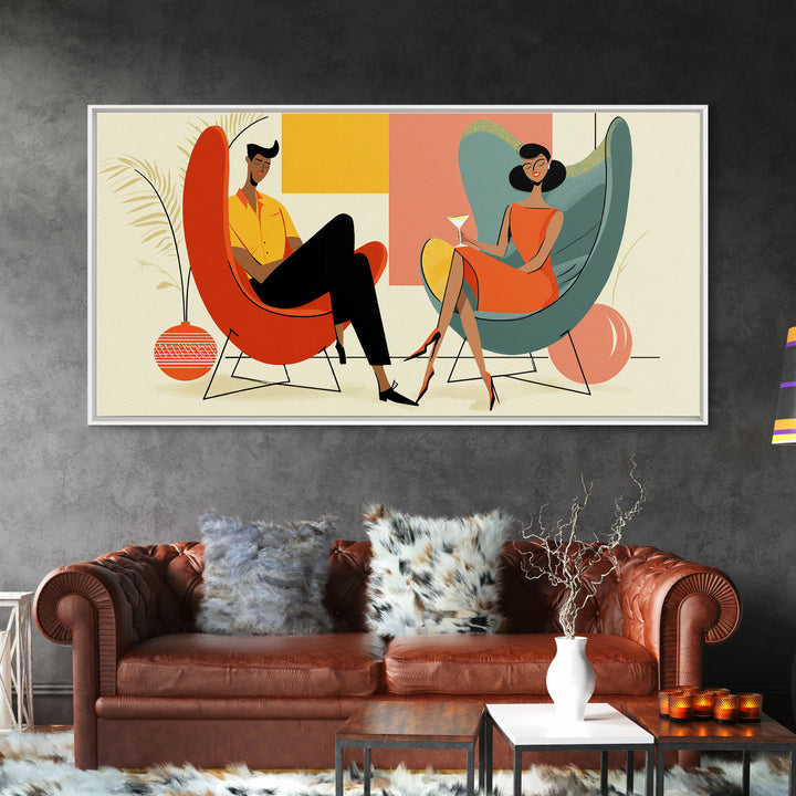 Midcentury Cocktail Lounge Framed Canvas Print, Stylish Couple Wall Art, Retro MCM Decor, Modern Living Room Poster Art Print