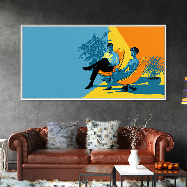 Midcentury Couple With Palm Plant Wall Art, Retro Lounge Chair Illustration, Modern MCM Decor, Colorful Home Poster Art Print