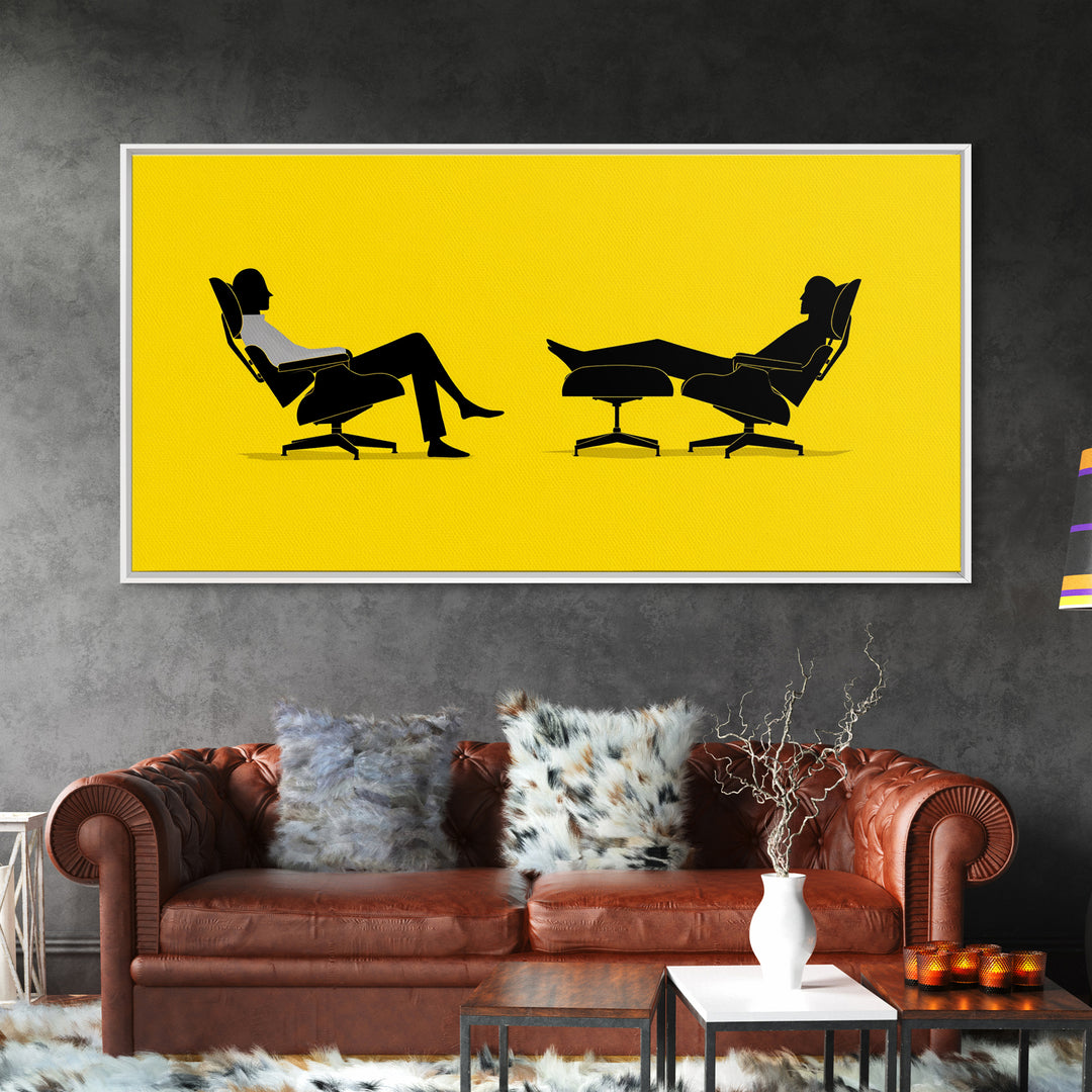 Yellow Midcentury Lounge Chairs Canvas Print, Minimal Couple Silhouette Wall Art, Retro Modern MCM Living Room Decor Poster