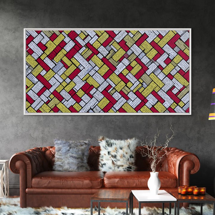 Red Yellow Herringbone Brick Pattern Canvas Print, Retro Geometric Wall Art, Mid Century Modern Decor For Kitchen Office