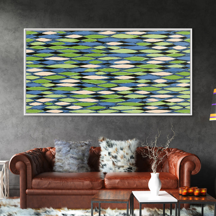 Blue Green Cream Diamond Lattice Wall Art, Scandinavian Modern Geometric Print, Mid Century Decor For Living Room Office