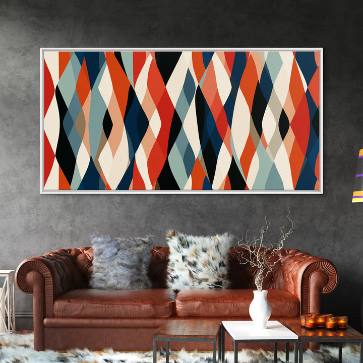Red Teal Cream Wavy Diamond Pattern Framed Canvas Print, Retro Modern Abstract Wall Art, Mid Century Decor For Living Room