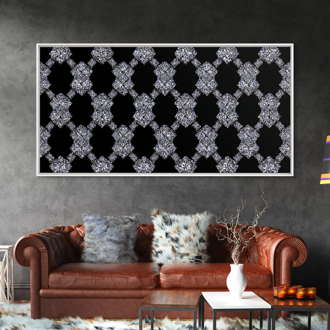 Silver Black Sparkle Diamond Lattice Wall Art, Glam Geometric Abstract Print, Modern Wall Decor For Bedroom Office Gallery