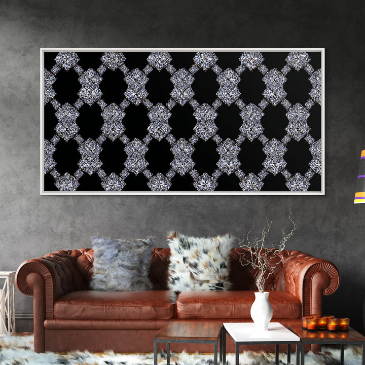 Silver Black Sparkle Diamond Lattice Wall Art, Glam Geometric Abstract Print, Modern Wall Decor For Bedroom Office Gallery