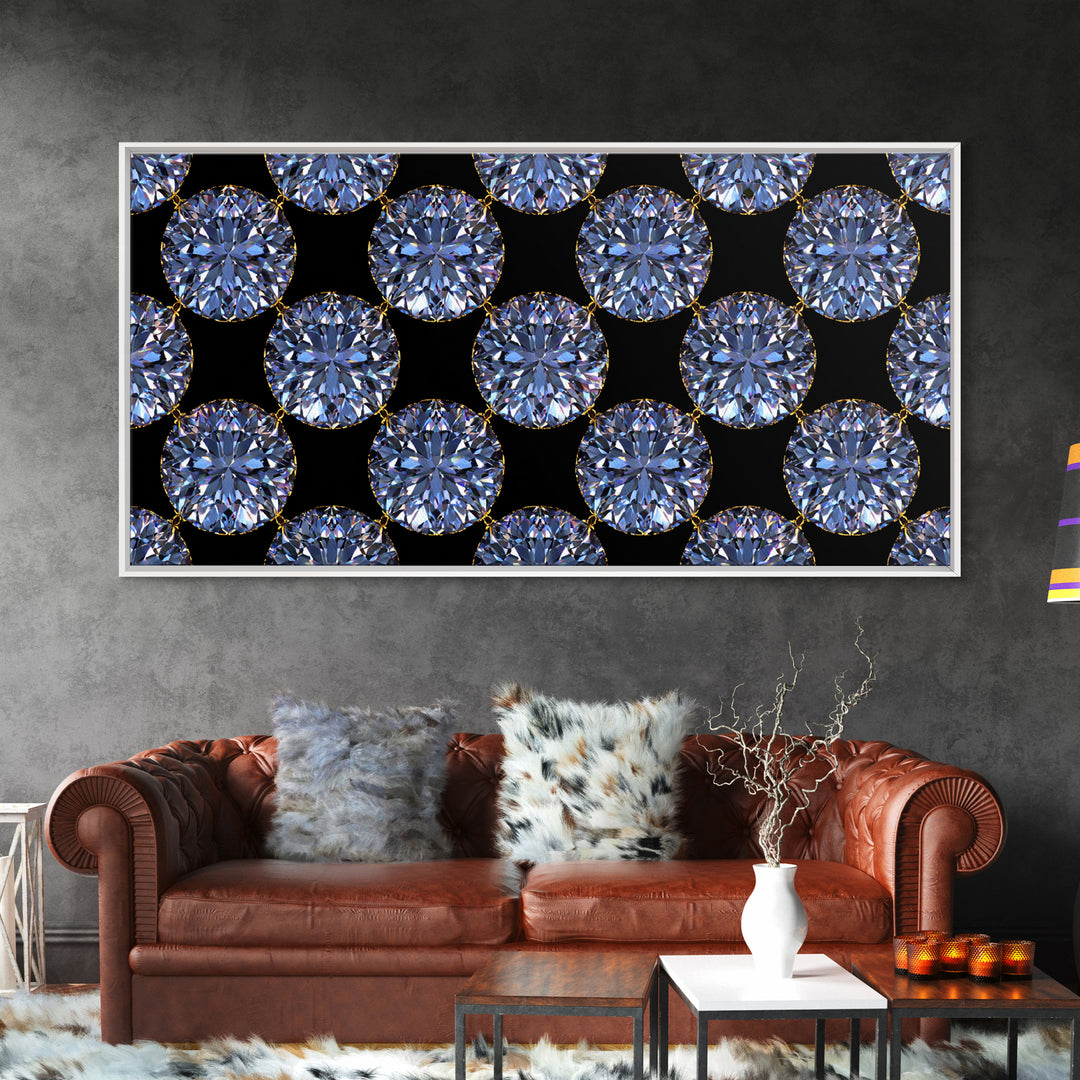 Blue Diamond Gemstone Circle Pattern Framed Canvas Print, Glam Modern Wall Art, Geometric Decor For Bedroom Vanity Office