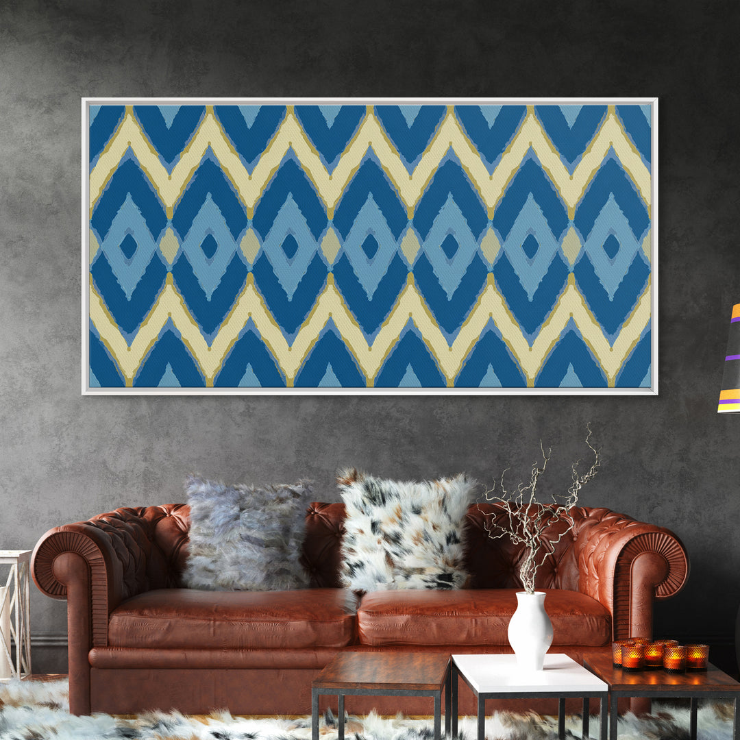 Blue Gold Ikat Chevron Diamond Wall Art, Scandinavian Modern Geometric Print, Mid Century Decor For Bedroom Living Room Home